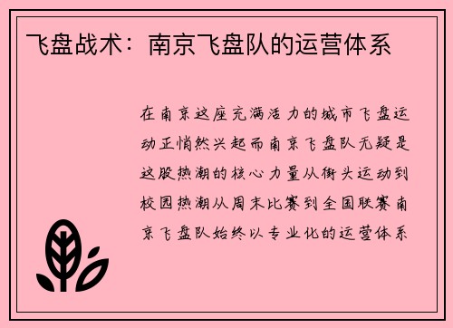 飞盘战术：南京飞盘队的运营体系